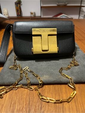 Tom Ford Black Leather Shoulder Bag with Gold Chain and Plaque